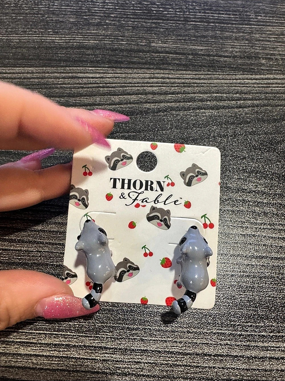 Thorn & Fable ER HUNGRY RACCOON STUD Raccoon Stud Earrings in Gray & Black NWT